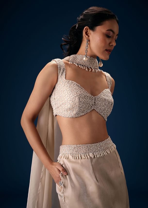 Off White Blouse With Fishcut Lehenga And Choker Dupatta