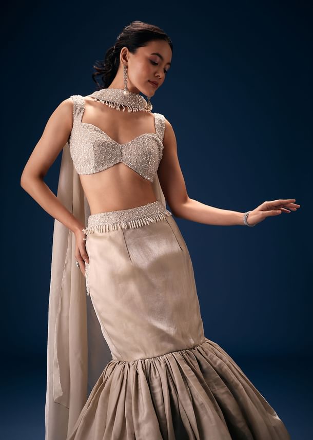 Off White Blouse With Fishcut Lehenga And Choker Dupatta