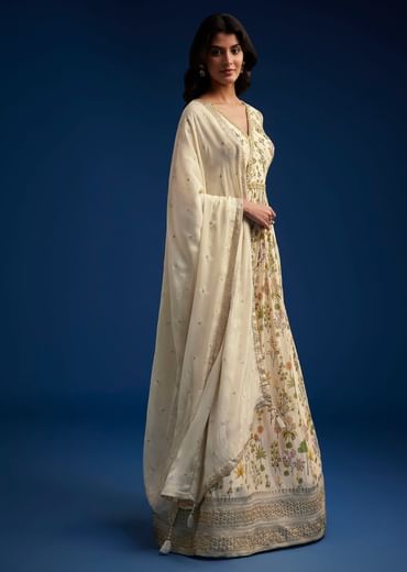 Off White Chinon Anarkali With Dupatta