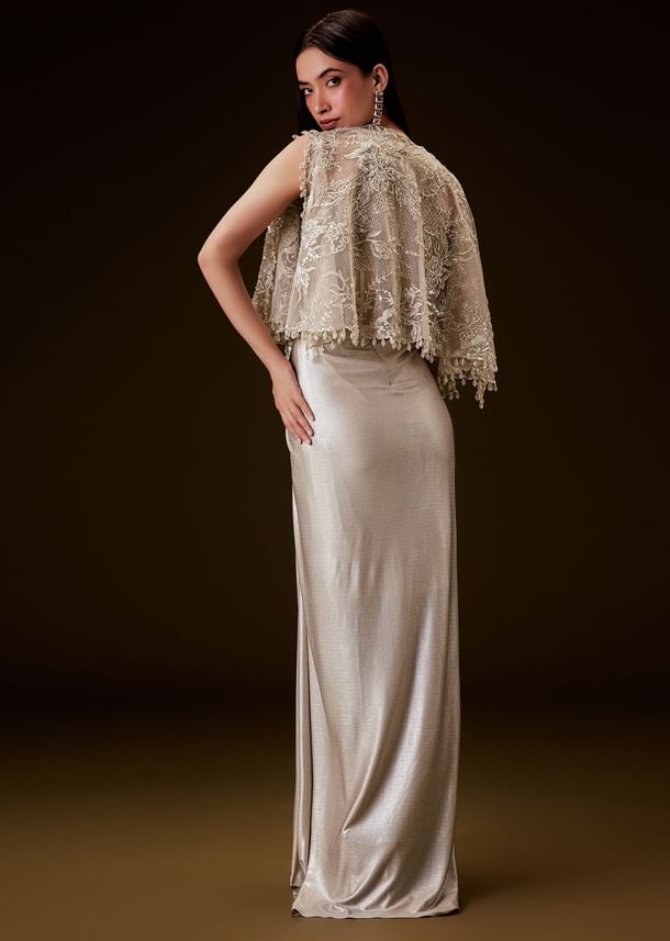 Off White Corset Gown With Sheer Waistline And Embroidered Cape Off White Corset Gown With Sheer Waistline And Embroidered Cape