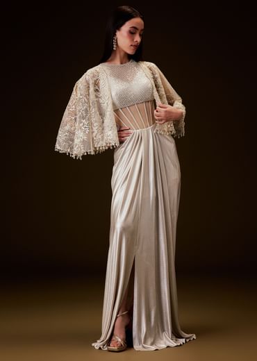 Off White Corset Gown With Sheer Waistline And Embroidered Cape