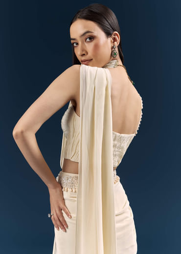 Off White Crepe Ready Pleated Saree With Heavy Embroidery