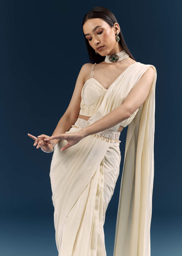 Off White Crepe Ready Pleated Saree With Heavy Embroidery