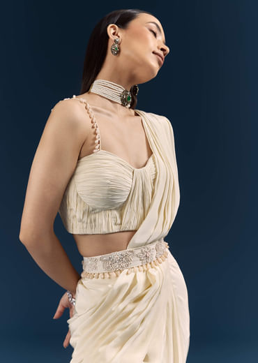 Off White Crepe Ready Pleated Saree With Heavy Embroidery