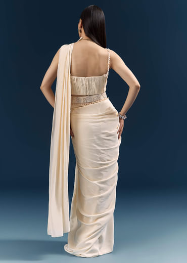 Off White Crepe Ready Pleated Saree With Heavy Embroidery