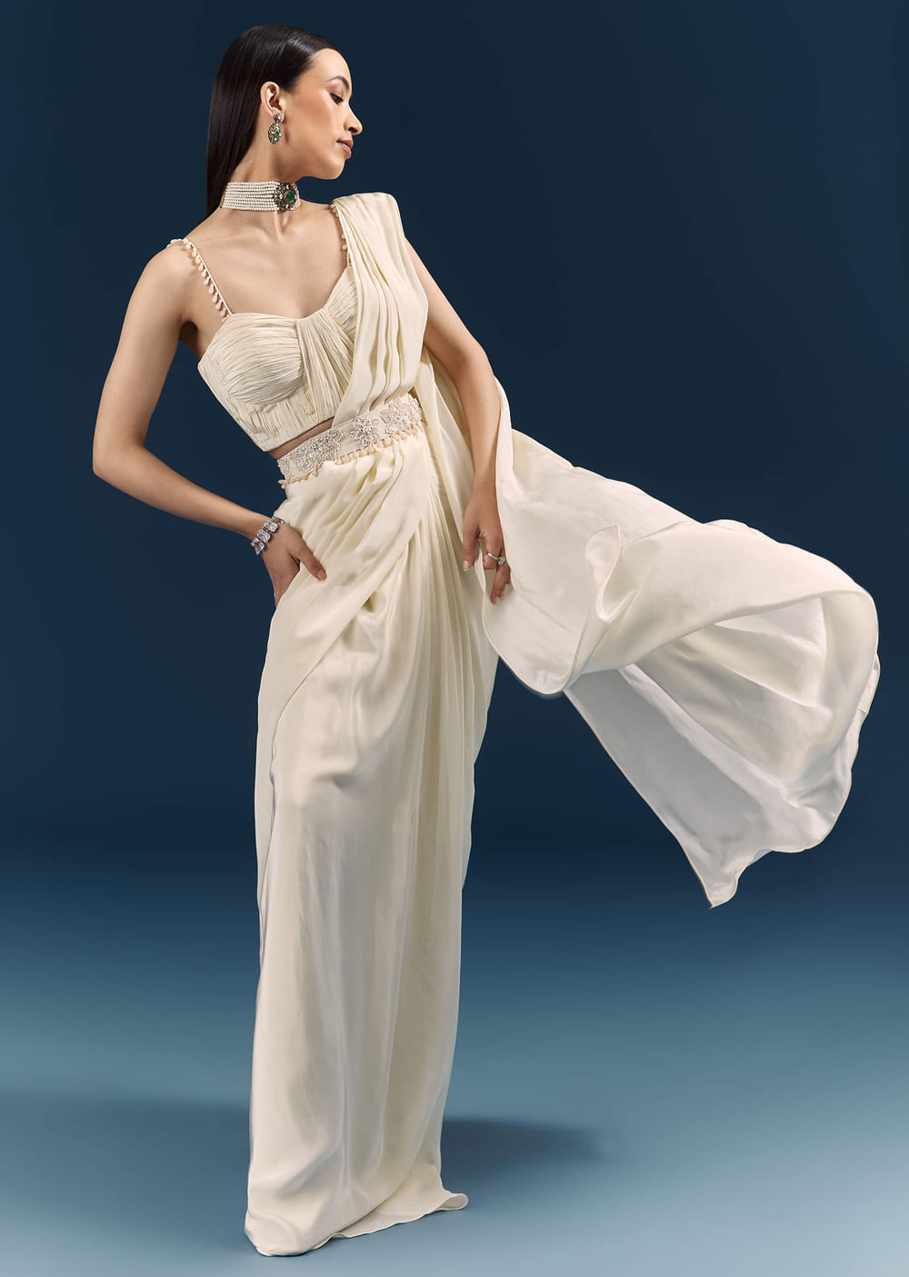 Off White Crepe Ready Pleated Saree With Heavy Embroidery