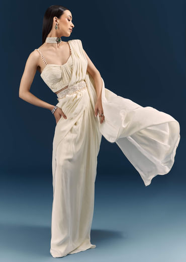 Off White Crepe Ready Pleated Saree With Heavy Embroidery
