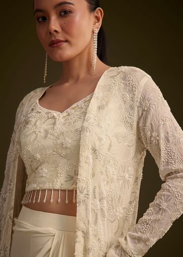Off White Embroidered Croptop Skirt And Jacket Set