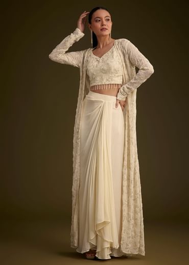 Off White Embroidered Croptop Skirt And Jacket Set