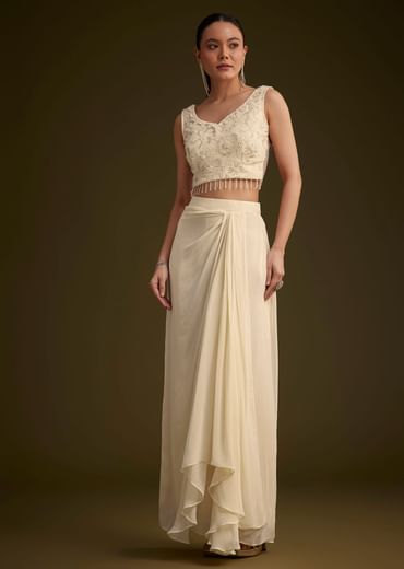 Off White Embroidered Croptop Skirt And Jacket Set