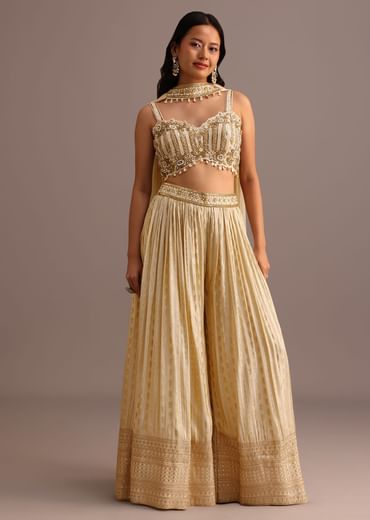 Off White Embroidered Croptop With Banarasi Weave Palazzo And Choker Dupatta