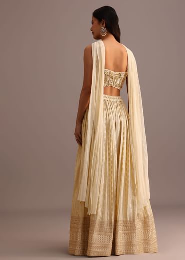 Off White Embroidered Croptop With Banarasi Weave Palazzo And Choker Dupatta