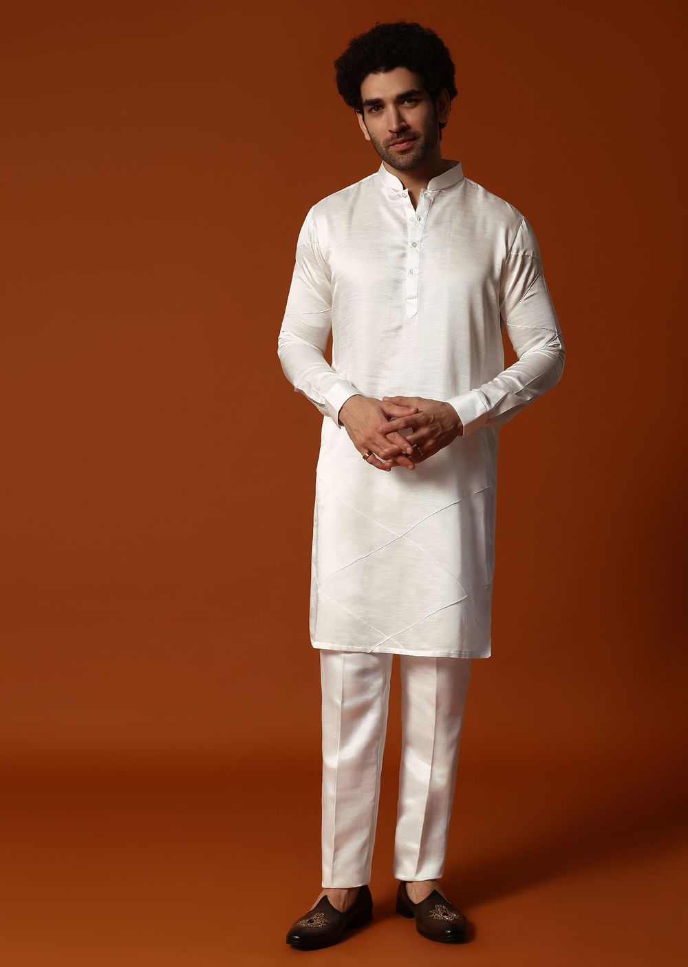 Off White Embroidered Kurta Jacket Set For Men