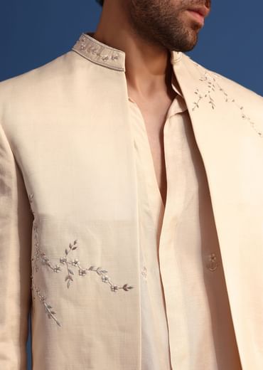 Off White Embroidered Linen Jodhpuri Suit