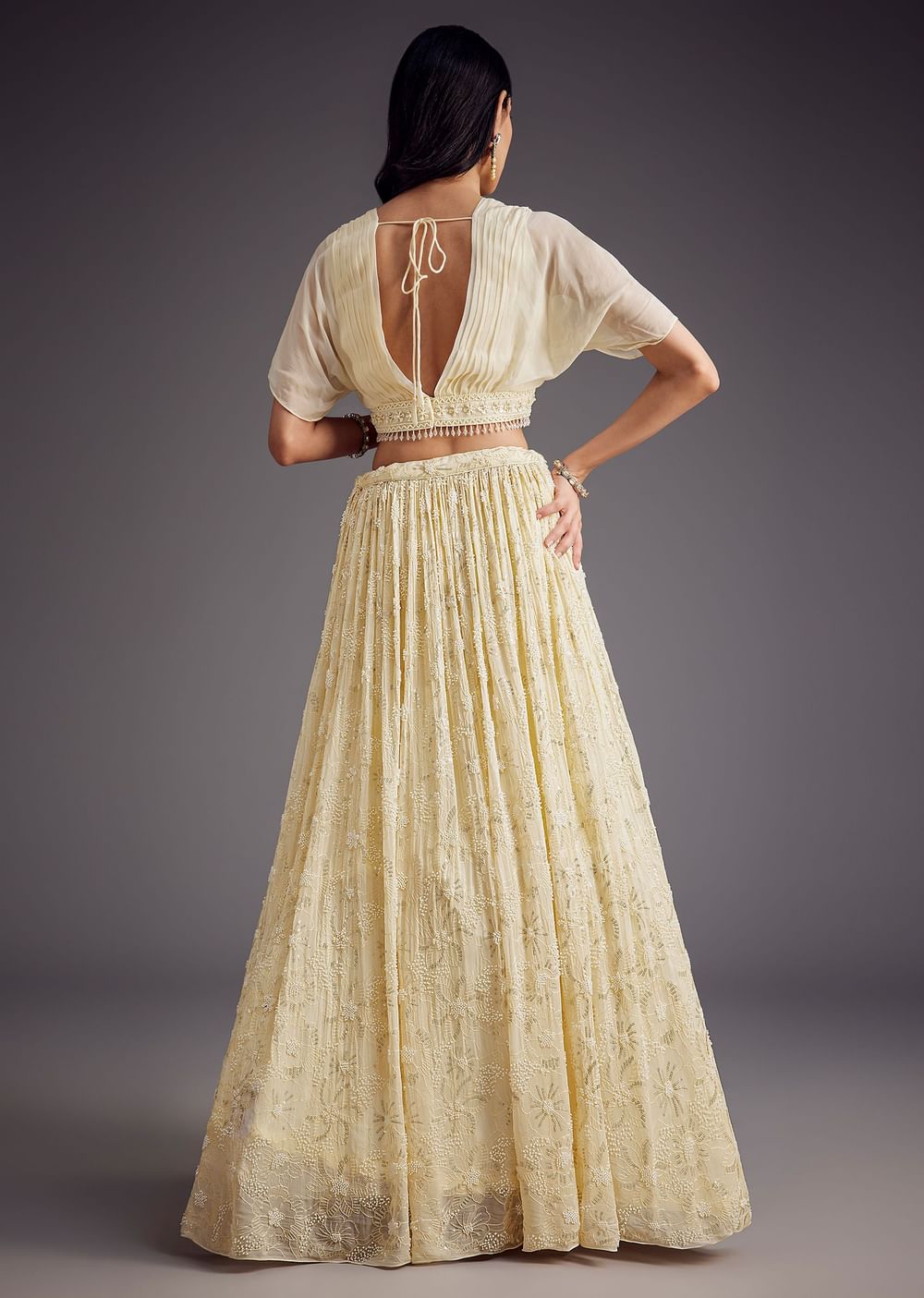 Off White Embroidered Pleated Skirt With Sheer Layered Croptop