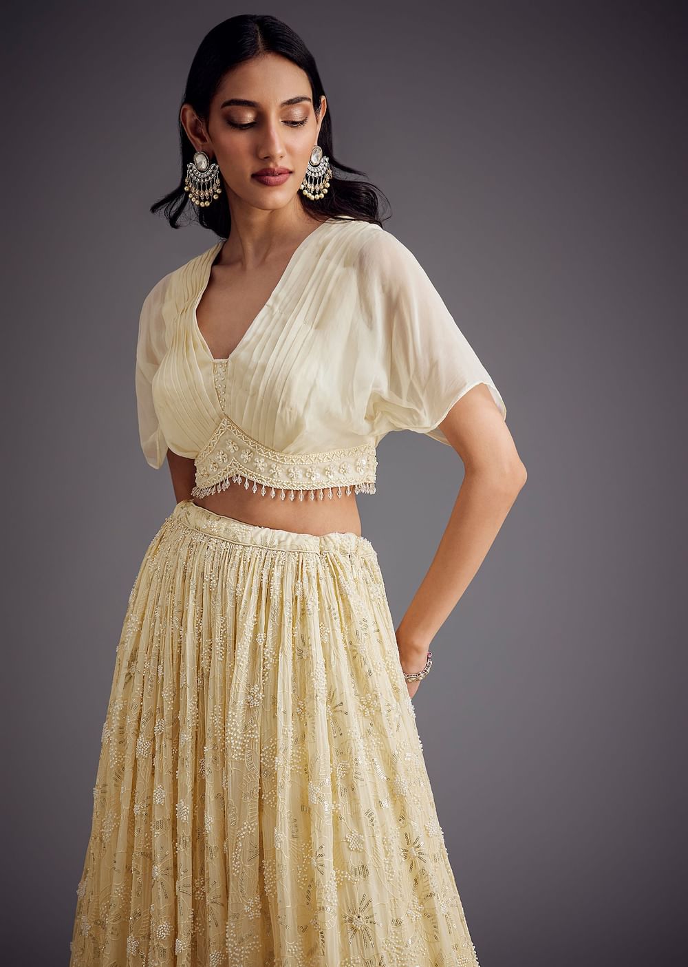 Off White Embroidered Pleated Skirt With Sheer Layered Croptop