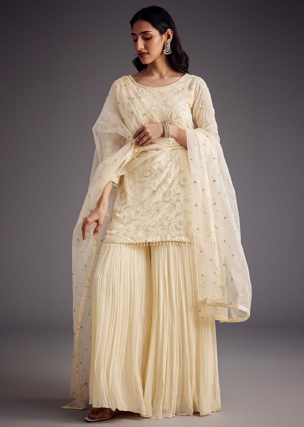 Off White Embroidered Sharara Set With Organza Dupatta