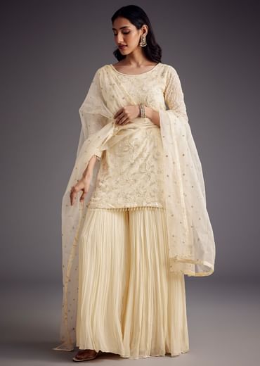 Off White Embroidered Sharara Set With Organza Dupatta