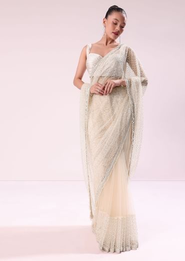 Off White Fancy Sequence Net Saree With Pleated Stitched