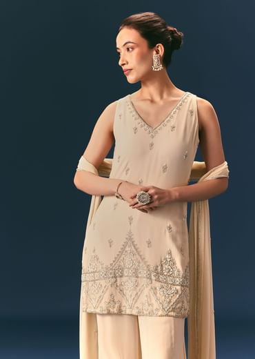 Off White Hand Embroidered Sharara Suit With Choker Dupatta