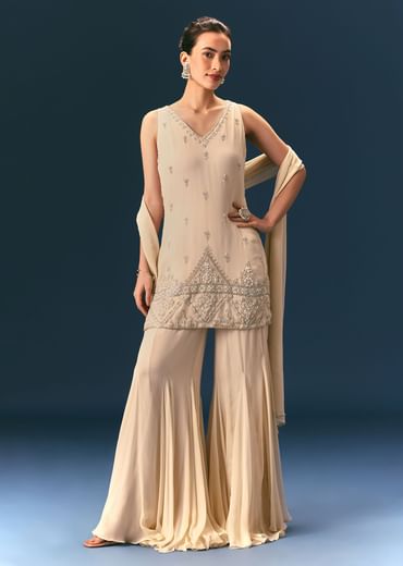 Off White Hand Embroidered Sharara Suit With Choker Dupatta