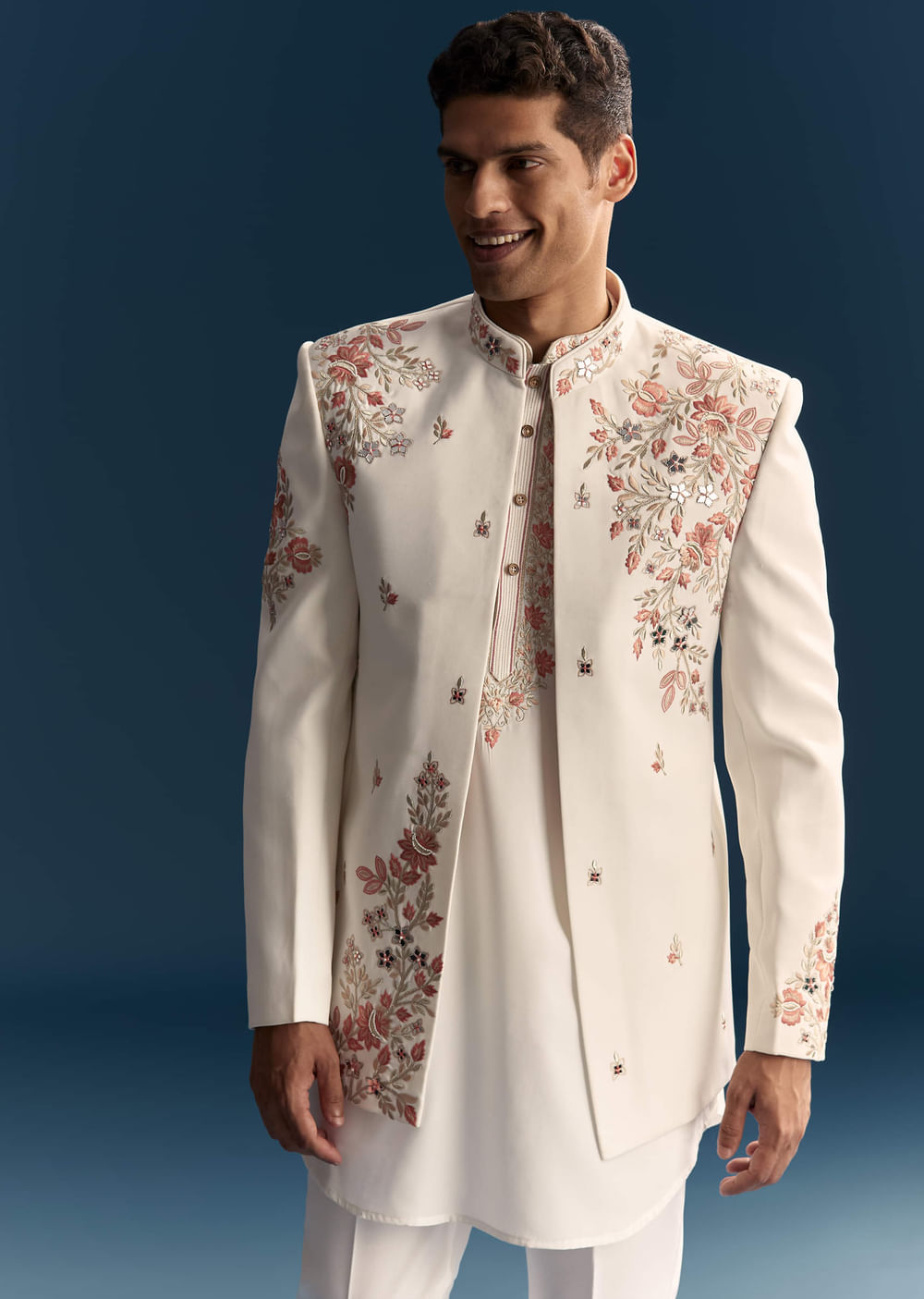 Off White Indo Western Set For Men With Hand Embroidery