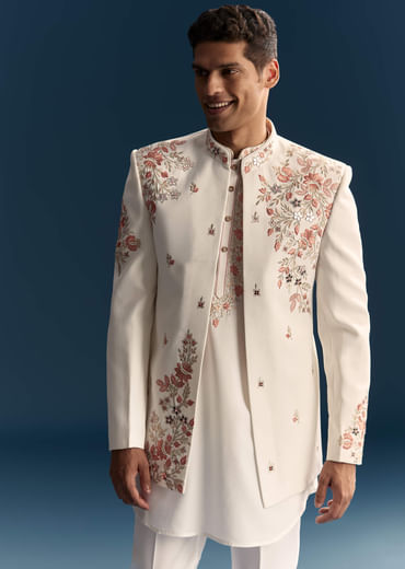 Off White Indo Western Set For Men With Hand Embroidery
