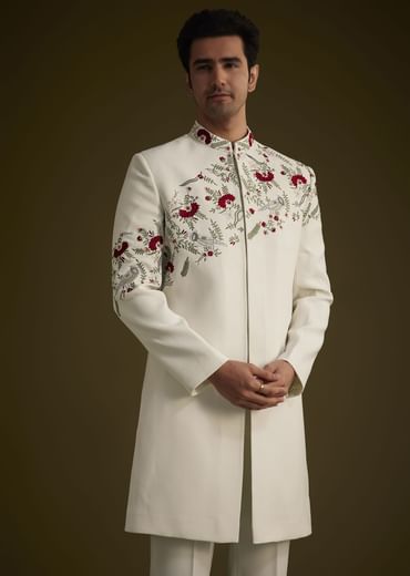 Off White Indowestern With Hand Embroidered Bird And Floral Pattern