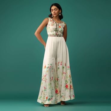 Off White Jumpsuit In Mull Cotton With Embroidered Belt