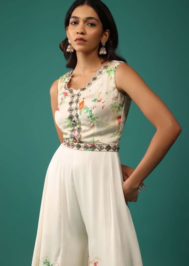 Off White Jumpsuit In Mull Cotton With Embroidered Belt
