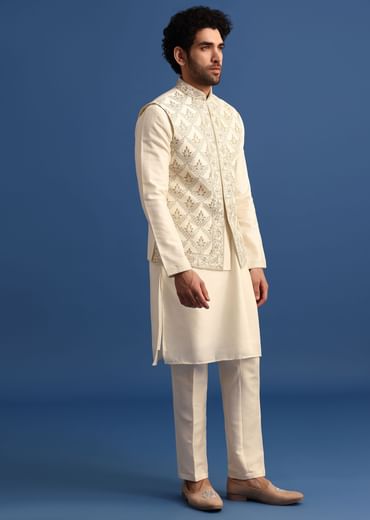 Off White Kurta Jacket Set With Zari Embroidery For Men