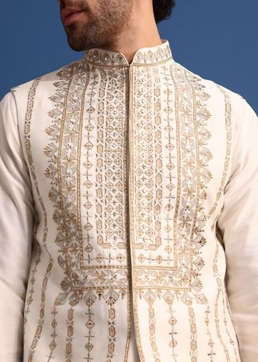 Off White Kurta Jacket Set With Zari Work And Mirror Embroidery For Men