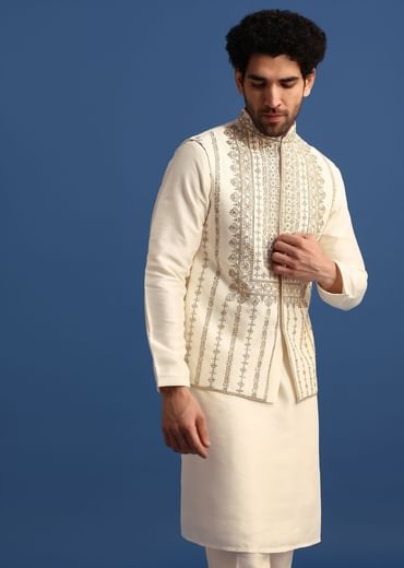 Off White Kurta Jacket Set With Zari Work And Mirror Embroidery For Men