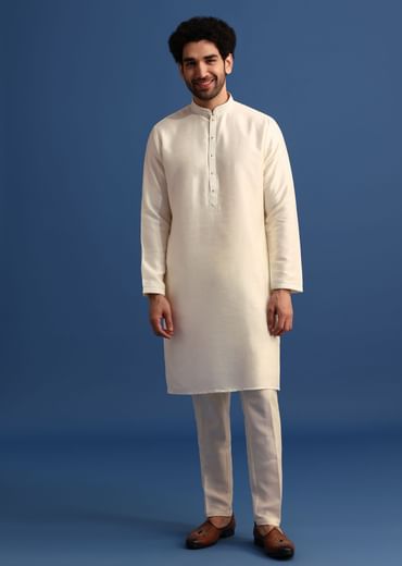 Off White Kurta Jacket Set With Zari Work And Mirror Embroidery For Men