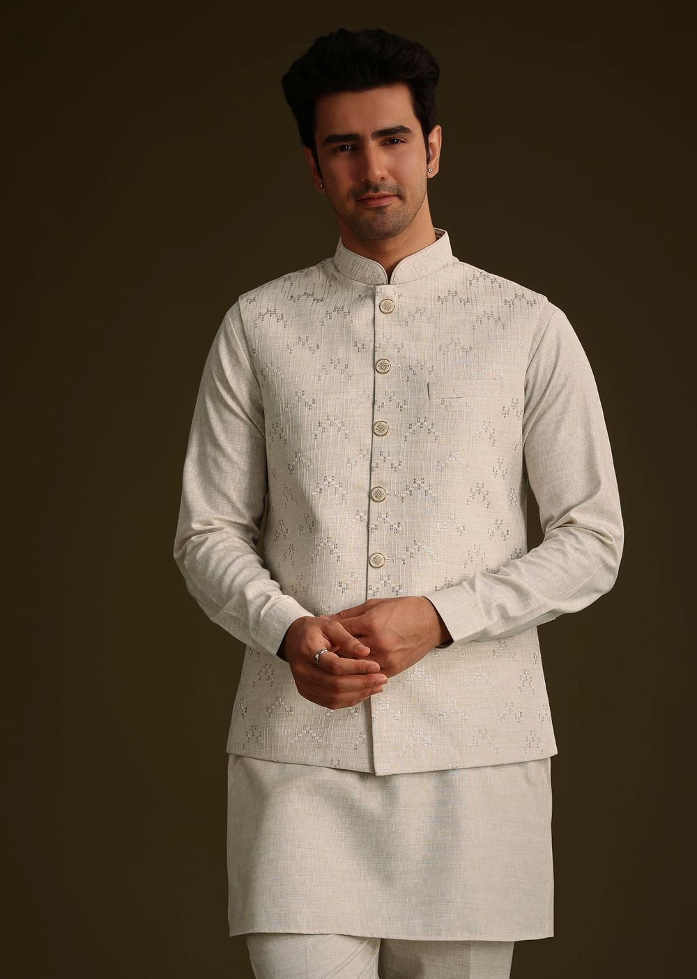 Off White Linen Kurta Set With Resham And Sequin Work