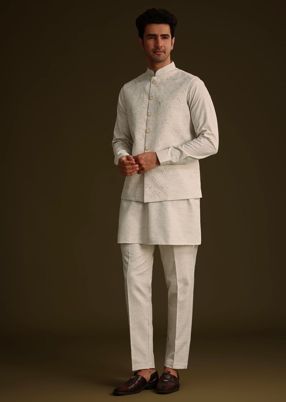 Off White Linen Kurta Set With Resham And Sequin Work