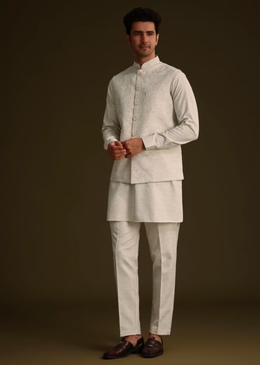 Off White Linen Kurta Set With Resham And Sequin Work