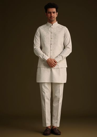 Off White Linen Kurta Set With Resham And Sequin Work