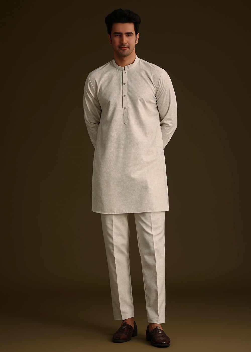 Off White Linen Kurta Set With Resham And Sequin Work