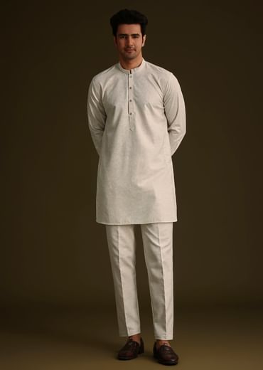 Off White Linen Kurta Set With Resham And Sequin Work