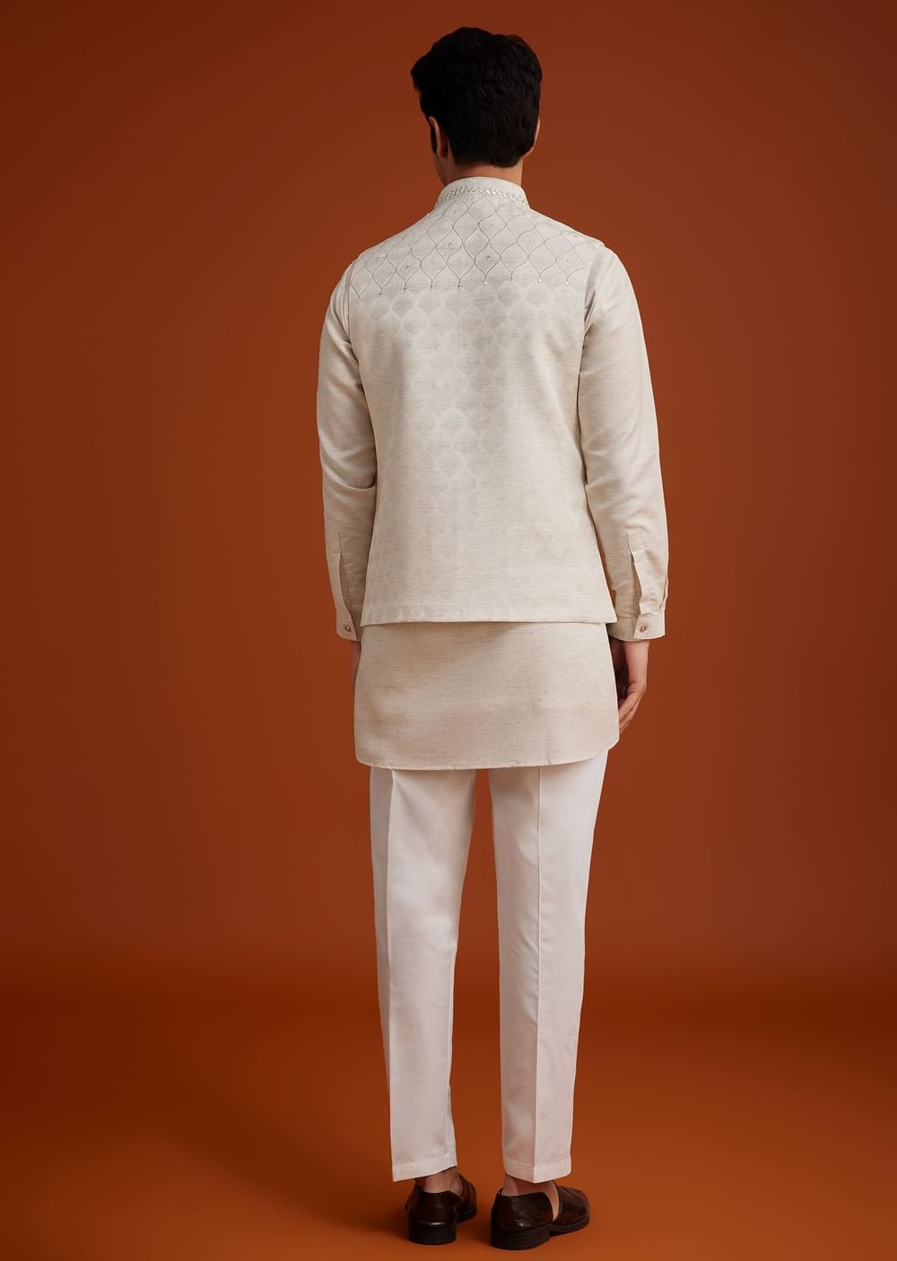 Off White Linen Silk Jacket Set With Zari And Mirror Work
