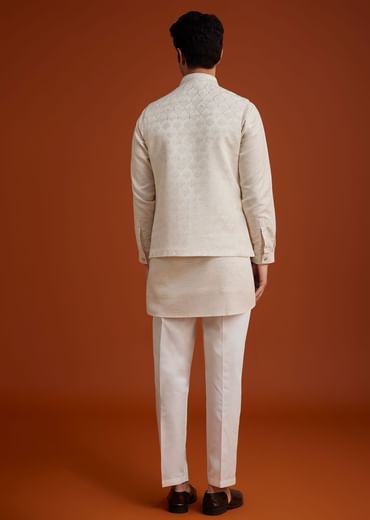 Off White Linen Silk Jacket Set With Zari And Mirror Work