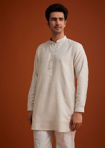 Off White Linen Silk Jacket Set With Zari And Mirror Work