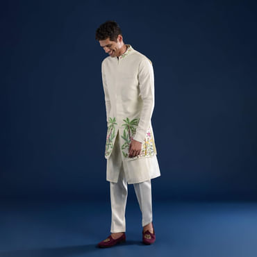 Off White Mens Silk Jacket Kurta Set with Resham Embroidery