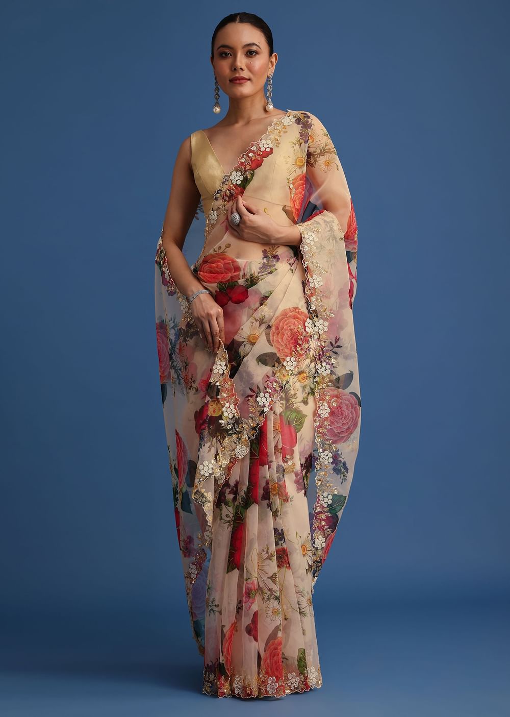 Off White Organza Floral Printed Saree With Embroidered Border