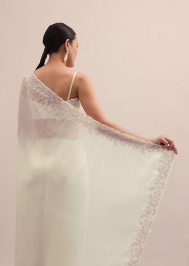 Off White Organza Saree In Thread Work With Unstitched Blouse