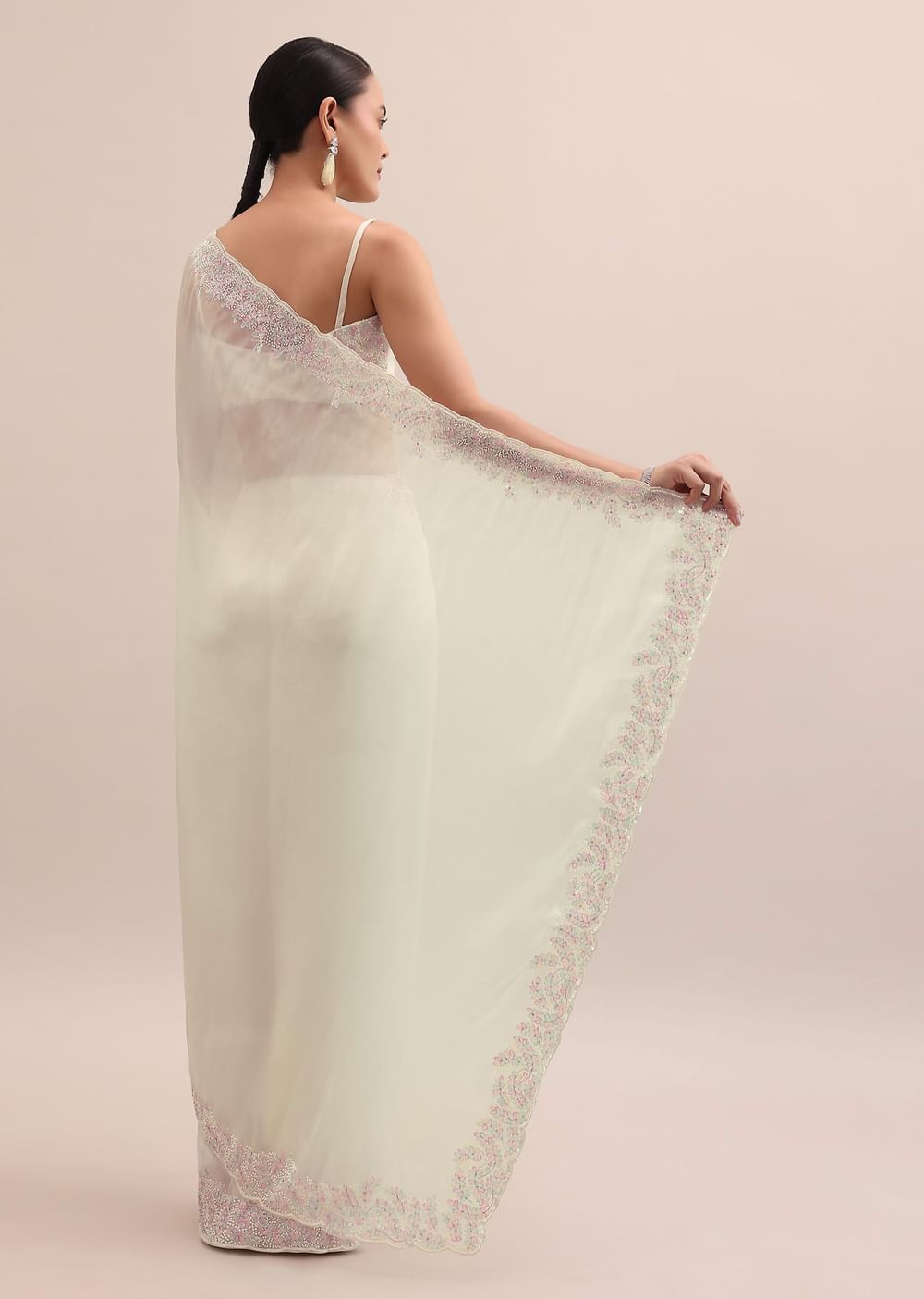 Off White Organza Saree In Thread Work With Unstitched Blouse