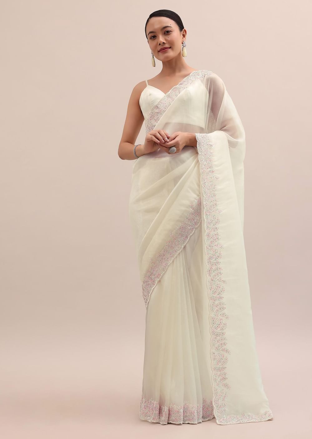 Off White Organza Saree In Thread Work With Unstitched Blouse