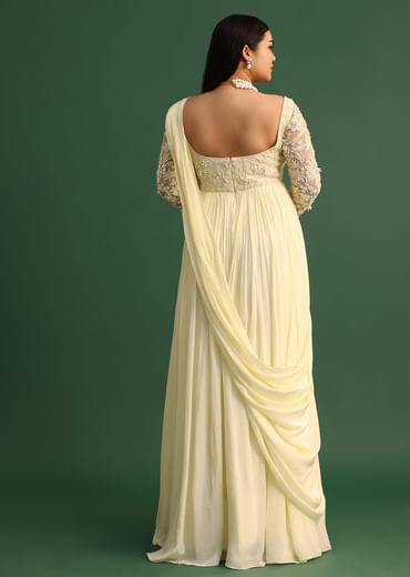 Off White Pallu Style Draped Anarkali Suit