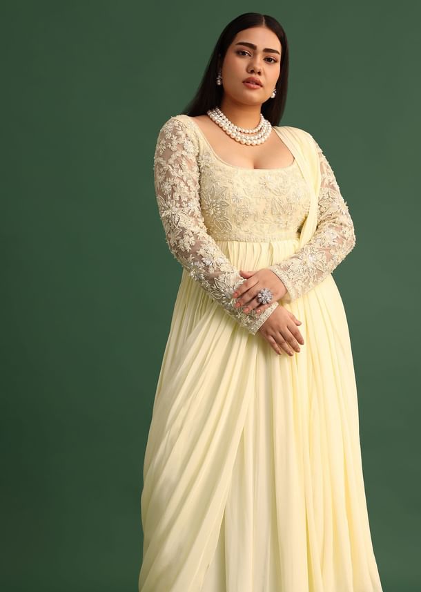 Off White Pallu Style Draped Anarkali Suit Off White Pallu Style Draped Anarkali Suit